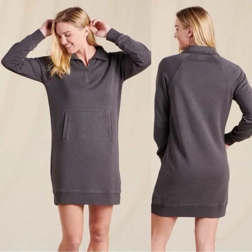 Toad&Co Hemp Organic Cotton 1/4 Zip Long Sleeve Sweatshirt Dress Gray Sz Small